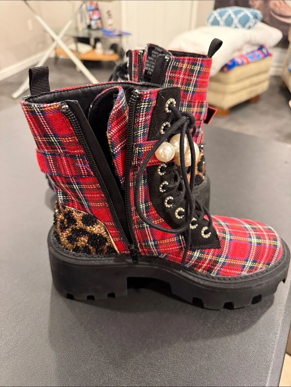 Betsey Johnson Red Plaid Lace-Up Combat Boots with Pearl Accents - Picture 3 of 5